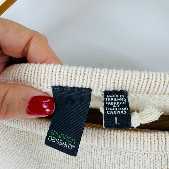 Shannon Passero Cream Knit Sweater L Denim Heart Elbow Patches Oversized Tunic - Picture 3 of 8